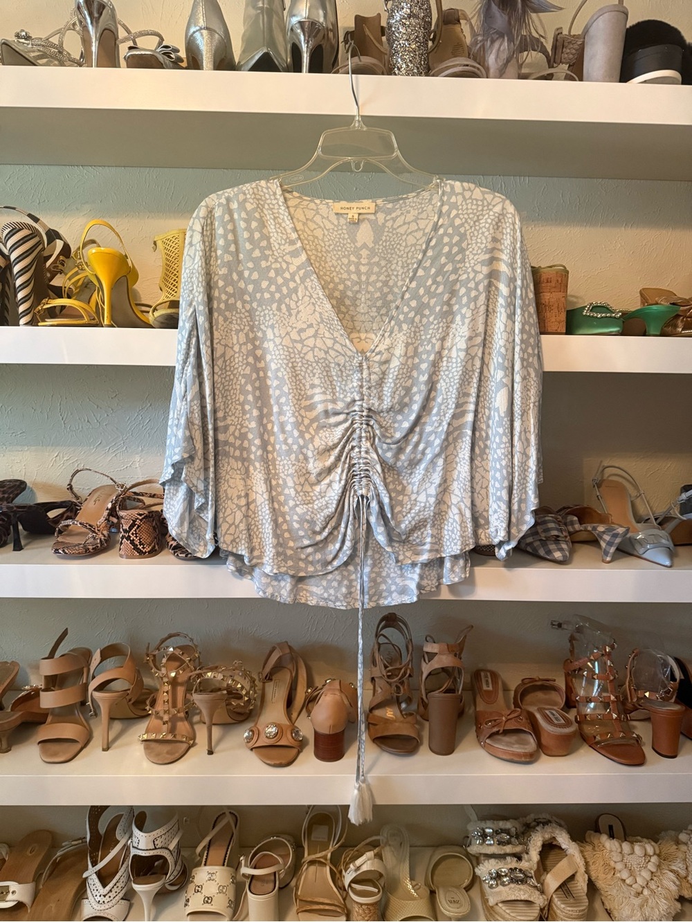 Honey Punch Light Blue Ruched V-Neck Dolman Blouse